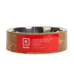 Reddy Tazón de Acero Inoxidable con Base de Madera de Mango para Perro, 3.8 Tazas