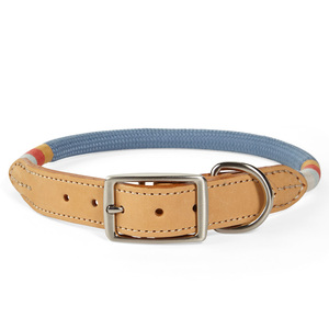 Youly Collar Redondo Azul de Cuerda y Cuero Diseño Rayas con Hebilla para Perro, Mediano