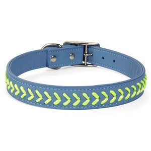 Youly Collar Azul Cuero Sintético Diseño Tejido Verde Con Hebilla para Perro, Mediano