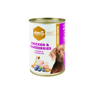 Amity Super Premium Alimento Húmedo Natural Bajo en Granos para Perro Adulto Receta Pollo y Arándanos, 400 g