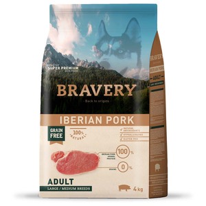 Bravery Libre de Granos Alimento Natural para Perro Adulto de Razas Medianas/Grandes Receta Cerdo Ibérico, 4 kg