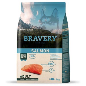 Bravery Alimento Seco Natural Libre de Granos para Perro Adulto Raza Mediana/Grande Receta Salmón, 4 kg
