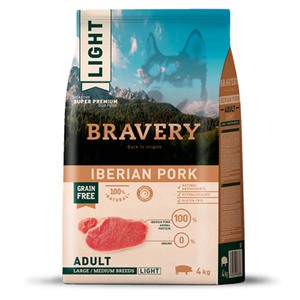 Bravery Libre de Granos Alimento Natural Light para Perro Adulto de Razas Medianas/Grandes Receta Cerdo Ibérico, 4 kg