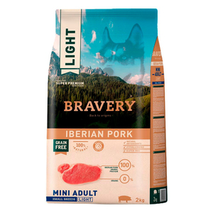 Bravery Libre de Granos Alimento Natural Light para Perro Adulto de Razas Pequeñas Receta Cerdo Ibérico, 2 kg