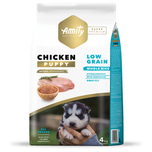 Amity Super Premium Alimento Natural Low Grain Chicken Puppy para Perro, 4 kg