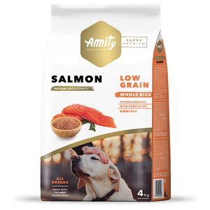 Amity Super Premium Alimento Natural Low Grain Salmon Adult para Perro, 4 kg