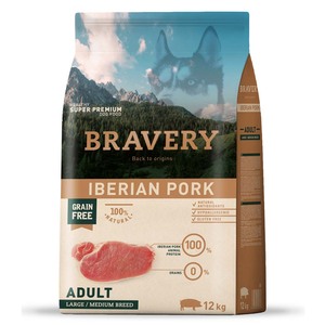 Bravery Libre de Granos Alimento Natural para Perro Adulto de Razas Medianas/Grandes Receta Cerdo Ibérico, 12 kg