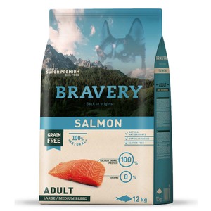 Bravery Libre de Granos Alimento Natural para Perro Adulto de Razas Medianas/Grandes Receta Salmón, 12 kg