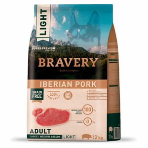 Bravery Light Alimento Seco Natural Libre de Granos para Perro Adulto Raza Mediana/ Grande Receta Cerdo, 12 kg