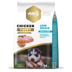 Amity Super Premium Alimento Natural Low Grain Chicken Puppy para Perro, 14 kg