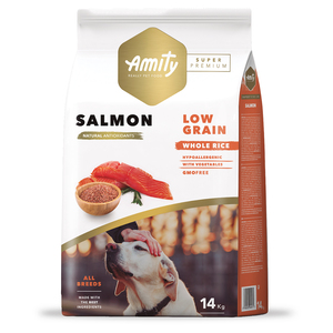 Amity Super Premium Alimento Natural Low Grain Salmon Adult para Perro, 14 kg