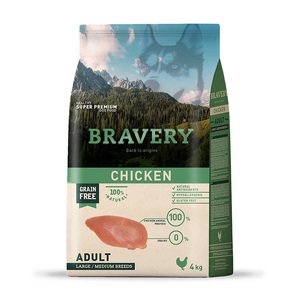 Bravery Alimento Seco Natural Libre de Granos para Perro Adulto Raza Mediana/ Grande Receta Pollo, 4 kg