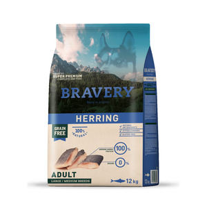 Bravery Alimento Natural Libre de granos para Perro Adulto Raza Mediana/ grande Receta de Arenque, 12 kg